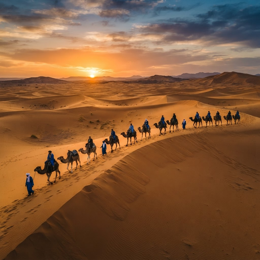 Camel caravan crossing Merzouga dunes at sunset